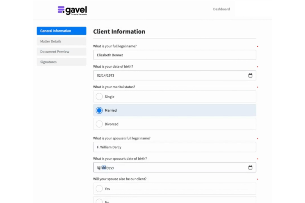Gavel's legal document automation interface displaying a client intake form with personal details, marital status, and spouse information.